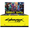 A Cyberpunk TCG trading card game display box with a bright yellow front, black logo text, and illustrated character panels above reading 'WELCOME TO NIGHT CITY'.